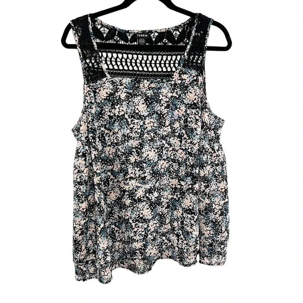 Torrid Black Pink & Blue Abstract Floral Chiffon Tank Top Women's Plus Size 1X
